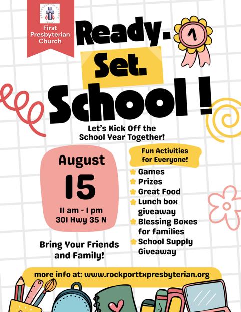 Ready. Set. School event flyer for August 15 from 11:00 AM to 1:00 PM at First Presbyterian Church
